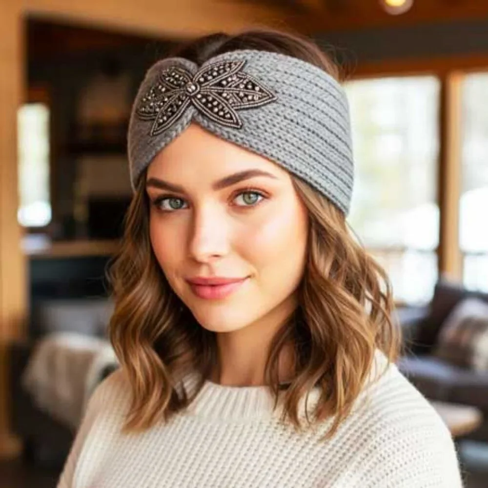 Ladies Grey Floral Headband - Ladies Gray Winter Flower Ear Warmer